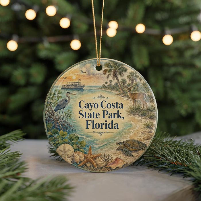 A round ornament with a beach scene and various wildlife, including a bird, deer, and turtle, is displayed against a blurred background of a Christmas tree with lights.