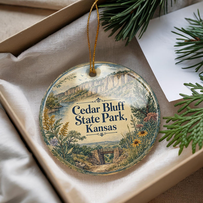 A decorative ornament with a scenic landscape of Cedar Bluff State Park, Kansas, hanging from a string.