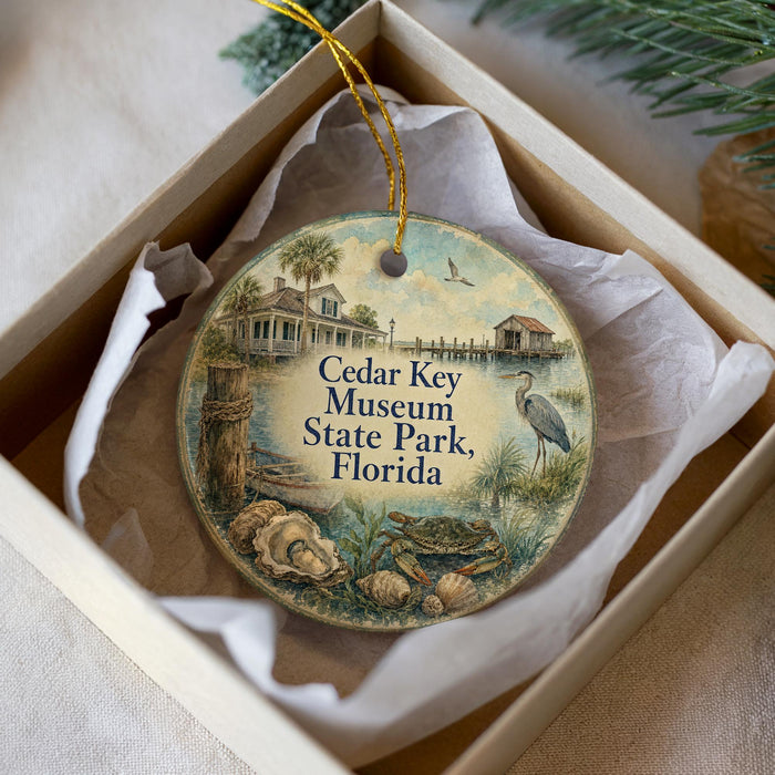 A decorative ornament in a white box, featuring an illustration of a house, a bird, and other natural elements, with text that reads "Cedar Key Museum State Park, Florida".