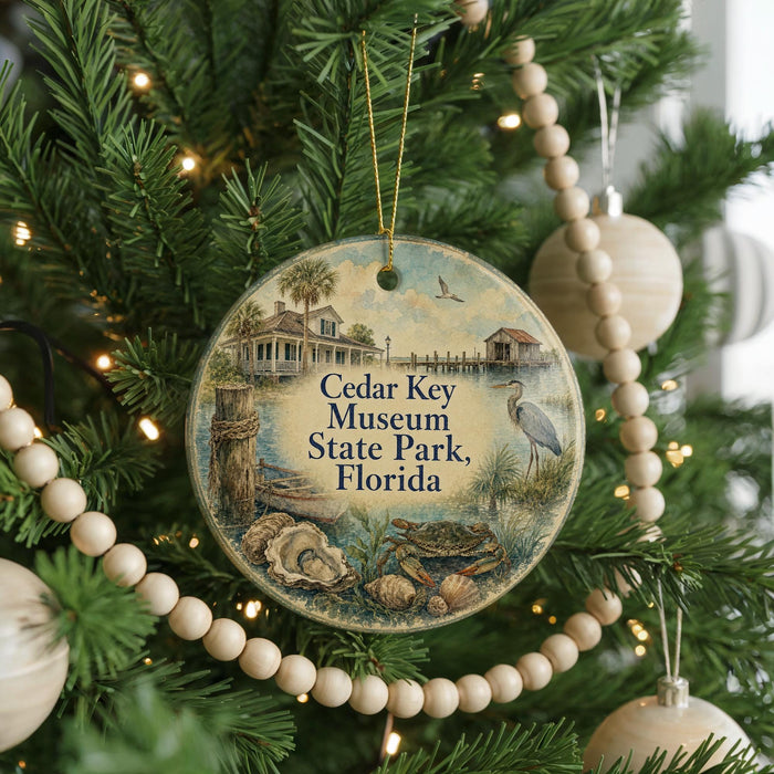 A round ornament hanging on a Christmas tree, featuring an illustration of a house and palm trees, with the text "Cedar Key Museum State Park, Florida" displayed on it.