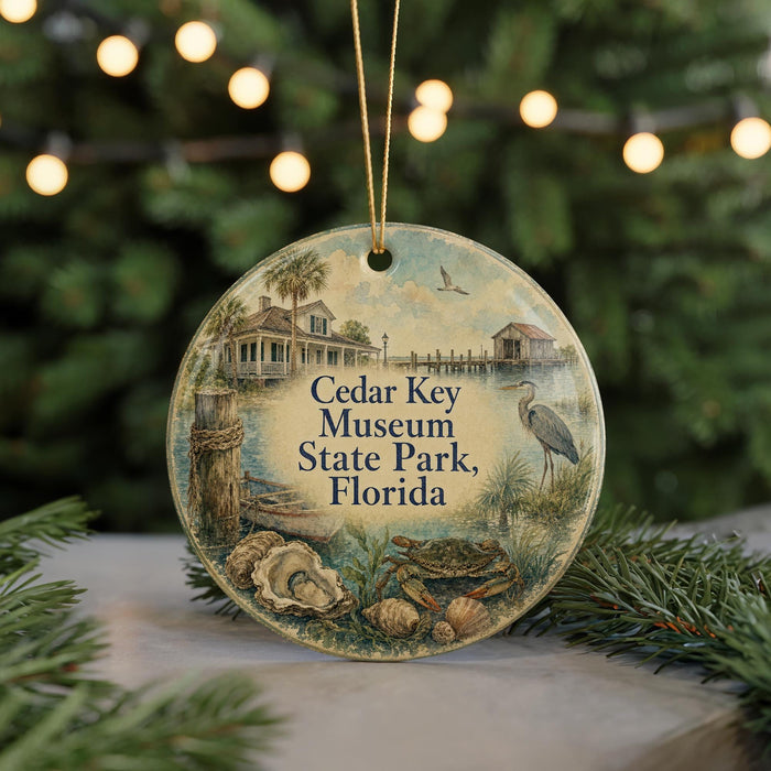 A round ornament with a painting of a house, palm trees, and a bird, along with the text "Cedar Key Museum State Park, Florida" on it, is displayed on a table with pine branches in the background.