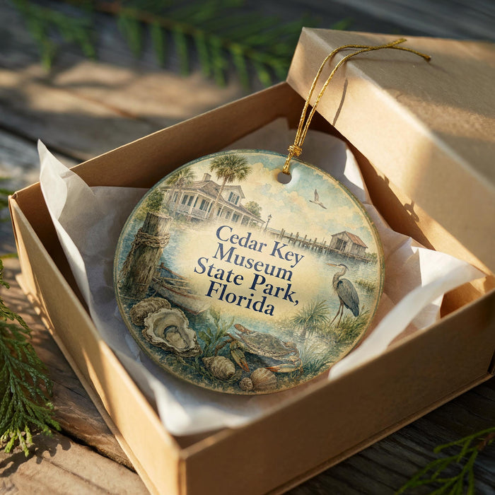 A decorative ornament in a box, featuring an illustration of a building and palm trees, with the text "Cedar Key Museum State Park, Florida" printed on it.