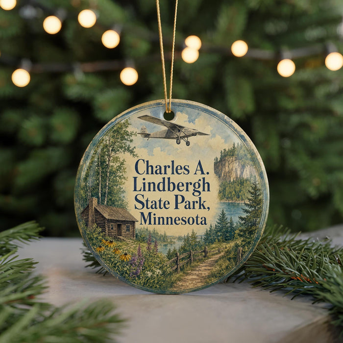 A circular ornament featuring a cabin and a landscape scene, with the text "Charles A. Lindbergh State Park, Minnesota" displayed prominently.