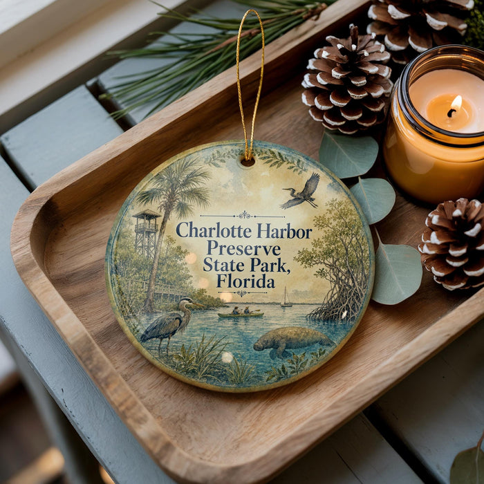 A decorative ornament with a tropical scene, featuring a bird, palm tree, and water, is displayed on a wooden tray alongside pine cones and a lit candle.