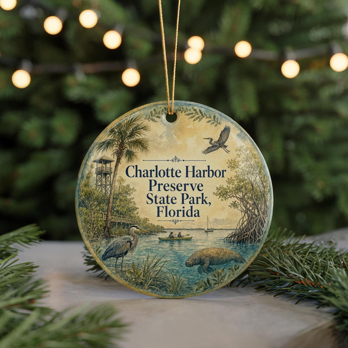 A round ornament with a beach scene and birds, featuring the text "Charlotte Harbor Preserve State Park, Florida" and a bird illustration.