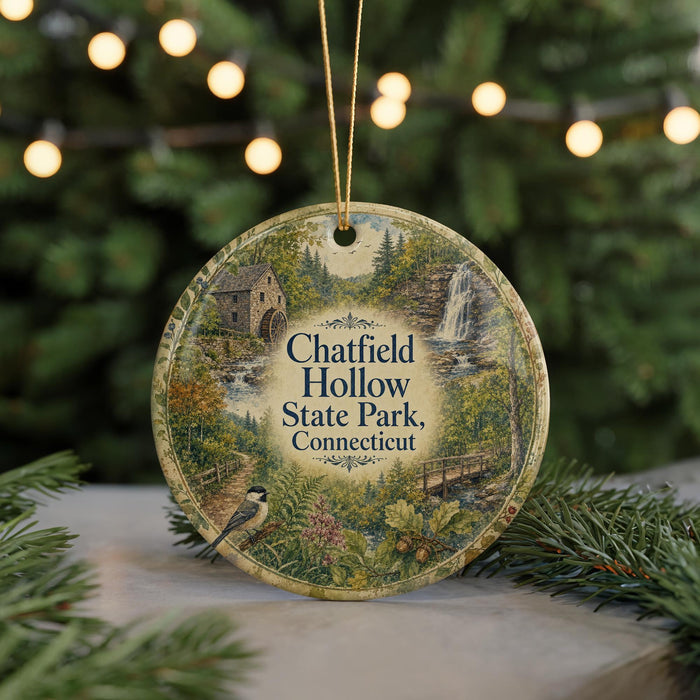A round ornament with a scenic image of a waterfall and a bird, surrounded by greenery, hangs in front of a blurred background with twinkling lights.