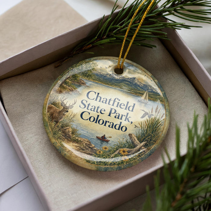 A decorative ornament in a box, featuring a scenic landscape with mountains, water, and wildlife.
