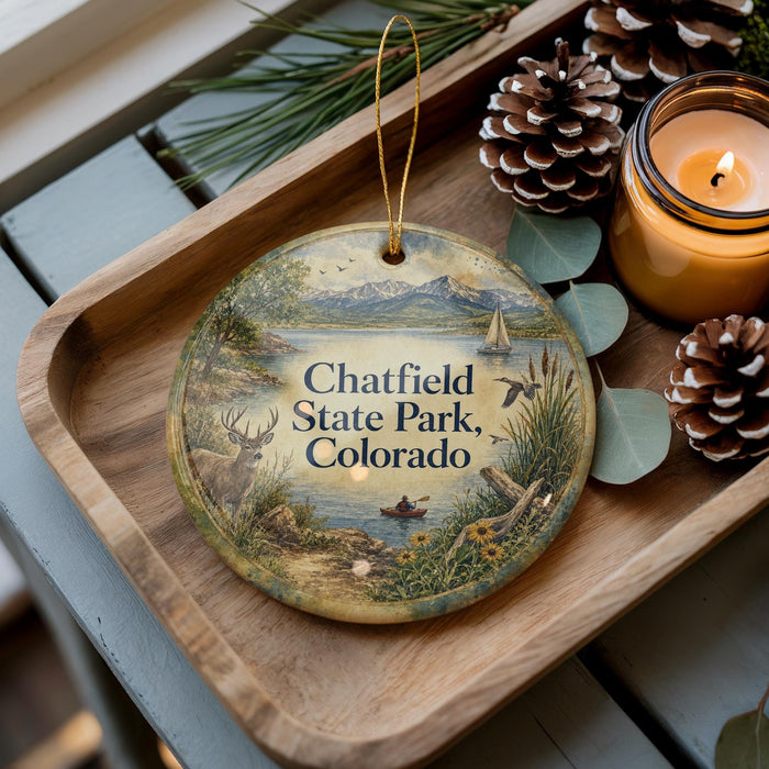 A decorative ornament featuring a scenic landscape of Chatfield State Park, Colorado, with a candle and pine cones on a wooden tray.