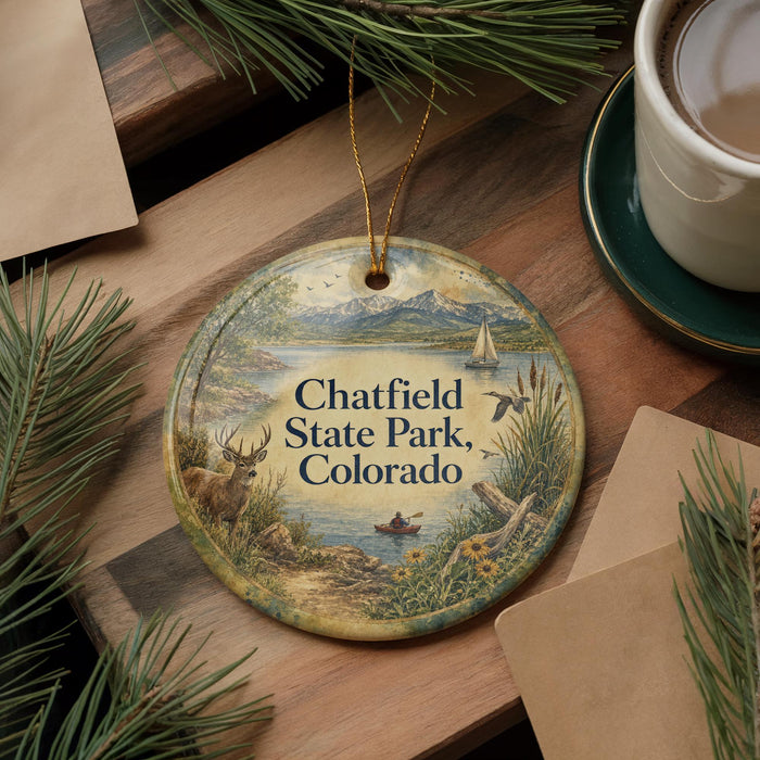 A decorative ornament with a scenic landscape of Chatfield State Park, Colorado, featuring a deer, a bird, and a boat on a lake. The ornament is hanging on a wooden surface, surrounded by pine branches and a cup of coffee.