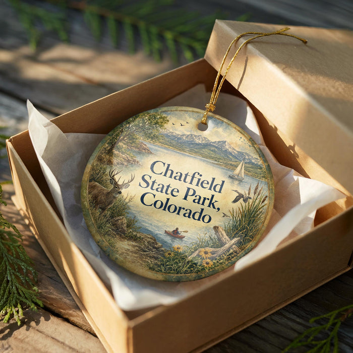 A decorative ornament in a box, featuring a scenic landscape with mountains, a lake, and various wildlife elements.