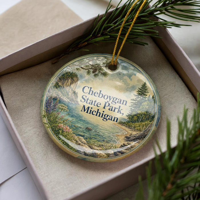 A decorative ornament in a box, featuring a scenic landscape with a lake, mountains, and pine trees.