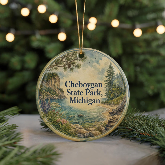 A round ornament with a scenic landscape of Cheboygan State Park, Michigan, featuring a lake, mountains, and pine trees.