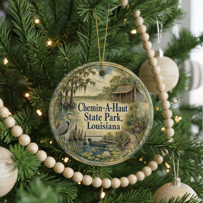 A round ornament hanging on a Christmas tree, featuring a scenic image of Chemin-A-Haut State Park in Louisiana.