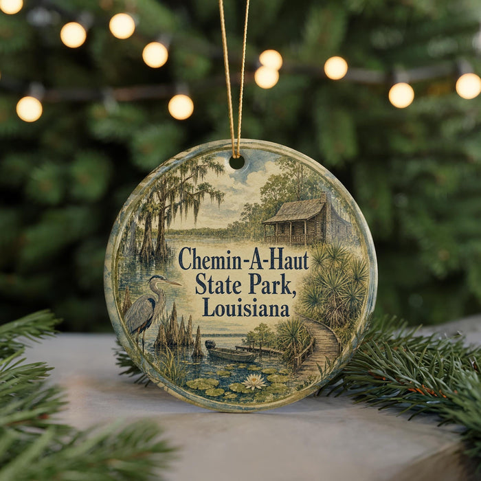 A circular ornament with a painting of a pond and a bird, surrounded by greenery, with the text "Chemin-A-Haut State Park, Louisiana" displayed on it.