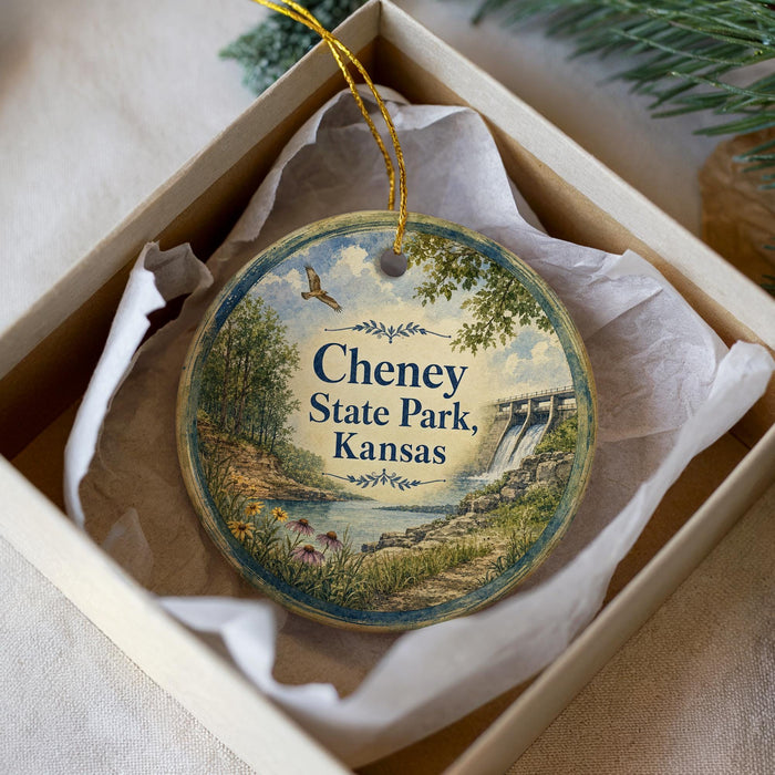 A circular ornament with a scenic landscape of Cheney State Park, Kansas, hanging from a string.