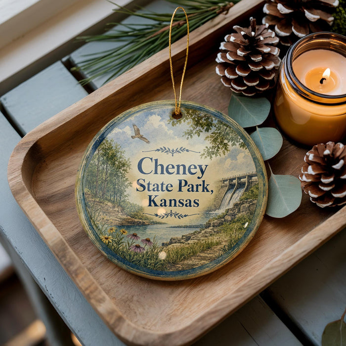 A decorative ornament with a scenic landscape of Cheney State Park, Kansas, featuring a bird in flight and a waterfall, is displayed on a wooden tray alongside pine cones and a lit candle.