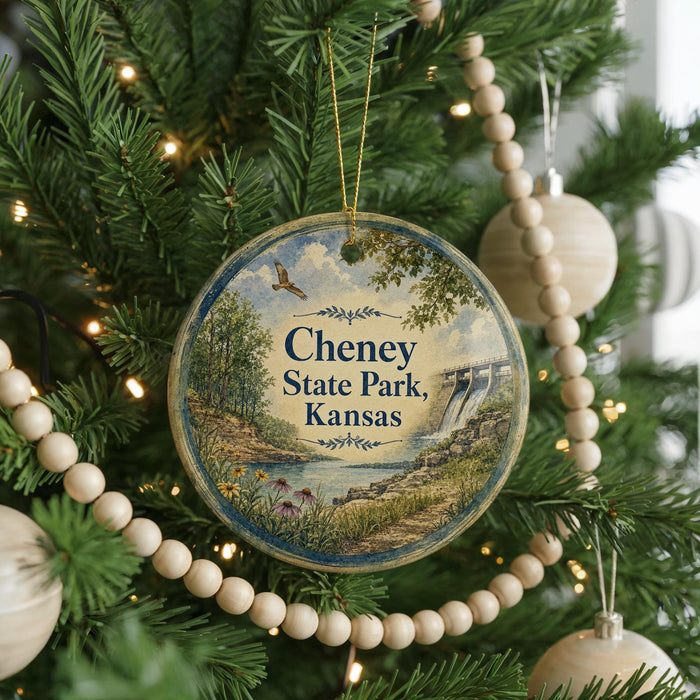A round ornament hanging on a Christmas tree, featuring a scenic landscape with a lake and mountains.