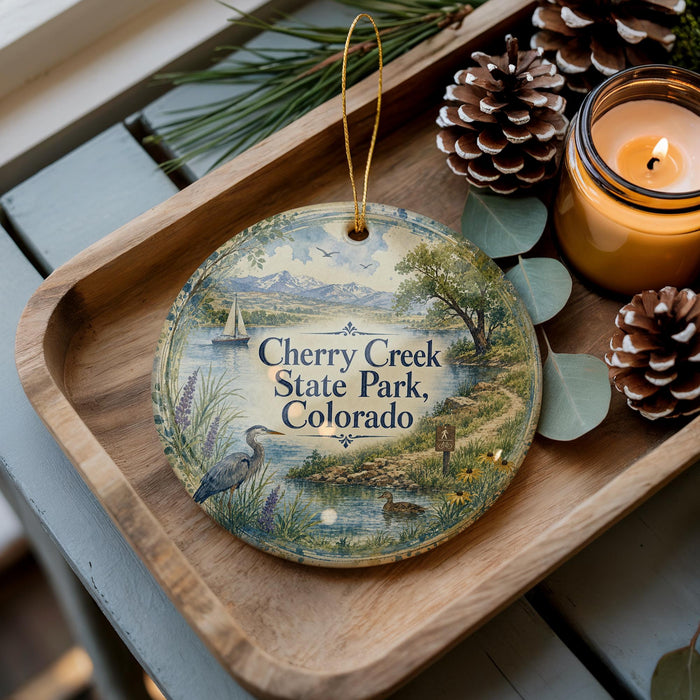 A decorative ornament featuring a scenic image of Cherry Creek State Park in Colorado, with a candle and pine cones on a wooden tray.