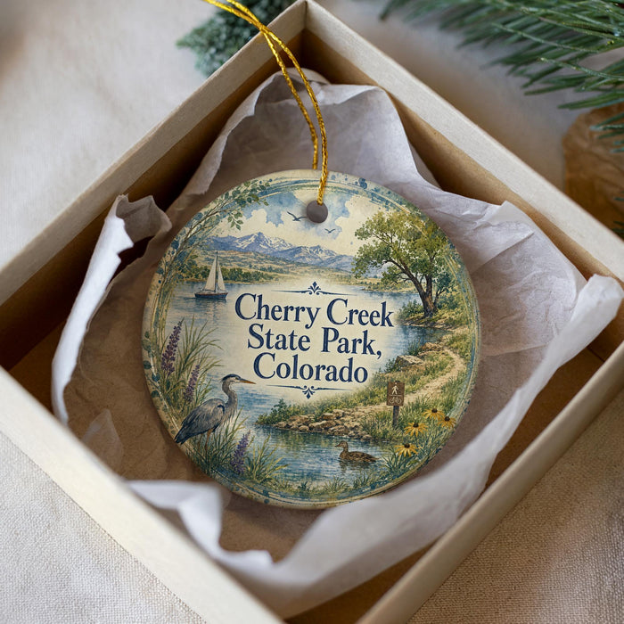 A decorative ornament in a box, featuring a scenic landscape with a lake, mountains, and a bird, along with the text "Cherry Creek State Park, Colorado".