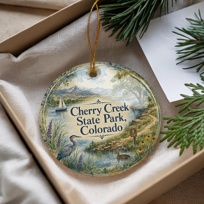 A decorative ornament with a scenic image of Cherry Creek State Park, Colorado, hanging from a string.