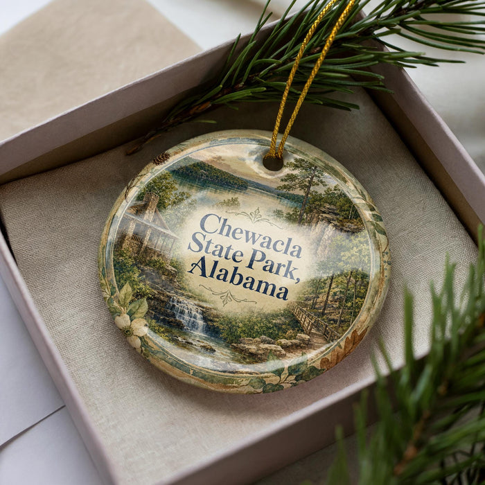A decorative ornament with a scenic landscape of Chewala State Park, Alabama, displayed in a box with pine branches.