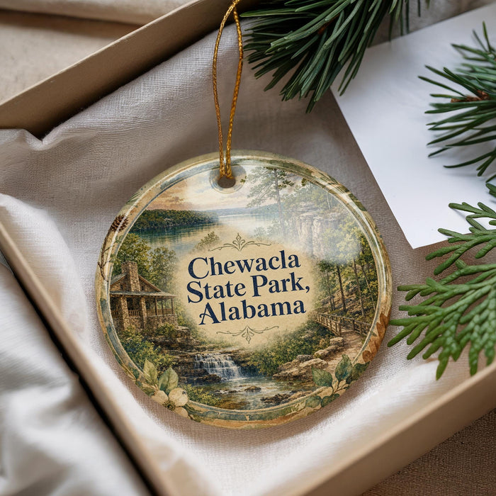 A decorative ornament with a scenic landscape of Chewala State Park, Alabama, hanging from a string.