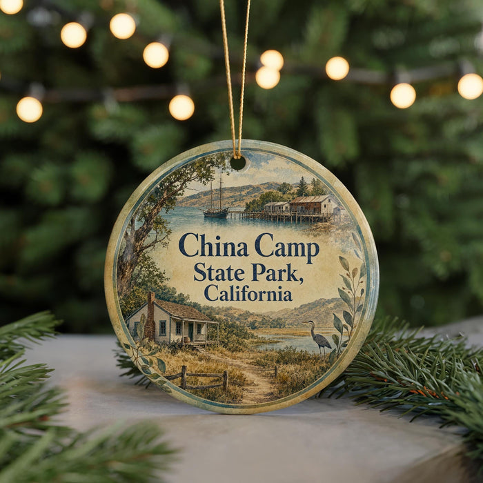 A round ornament with a scenic illustration of a coastal landscape, featuring a house, a boat, and a bird, hangs in front of a Christmas tree with twinkling lights.