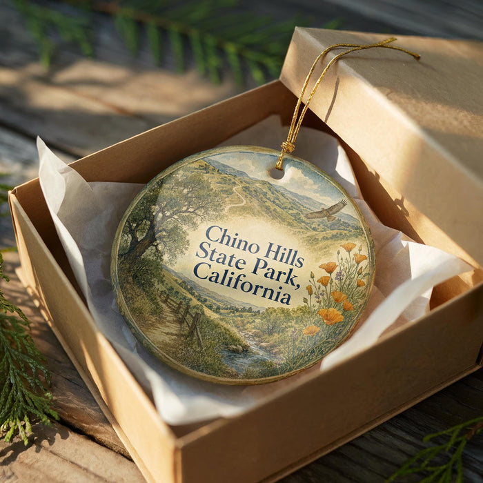 An oval ornament in a brown box, featuring a scenic landscape with a winding path, trees, and flowers.