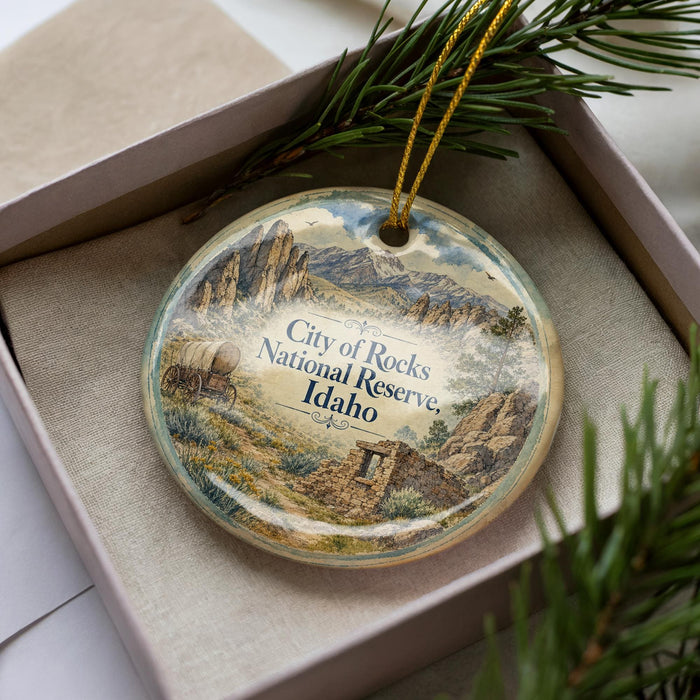 A decorative ornament in a box, featuring a scenic landscape with mountains and a wagon, representing the City of Rocks National Reserve in Idaho.