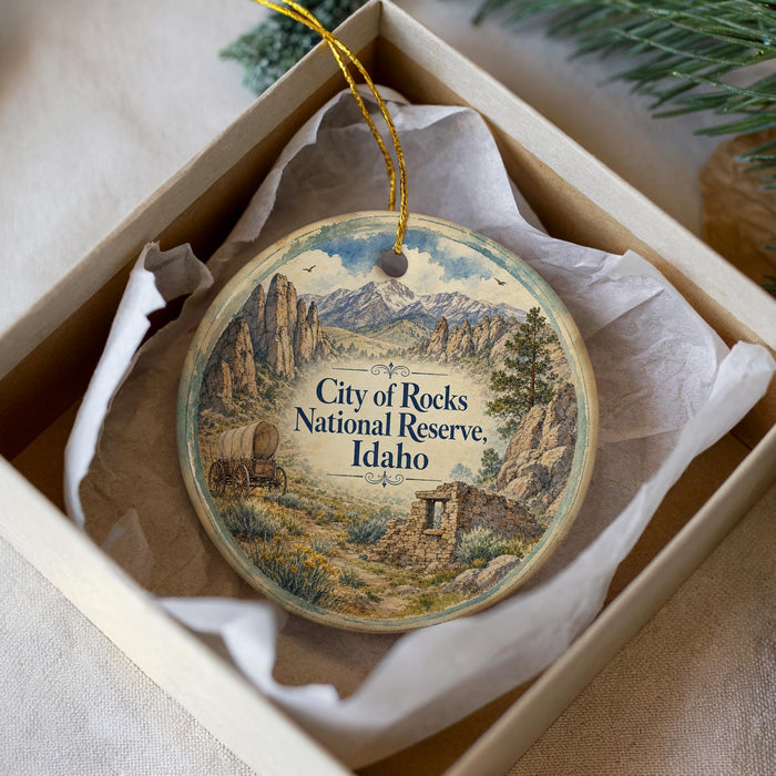 A decorative ornament in a box, featuring a scenic landscape with mountains, a wagon, and a sign that reads "City of Rocks National Reserve, Idaho".