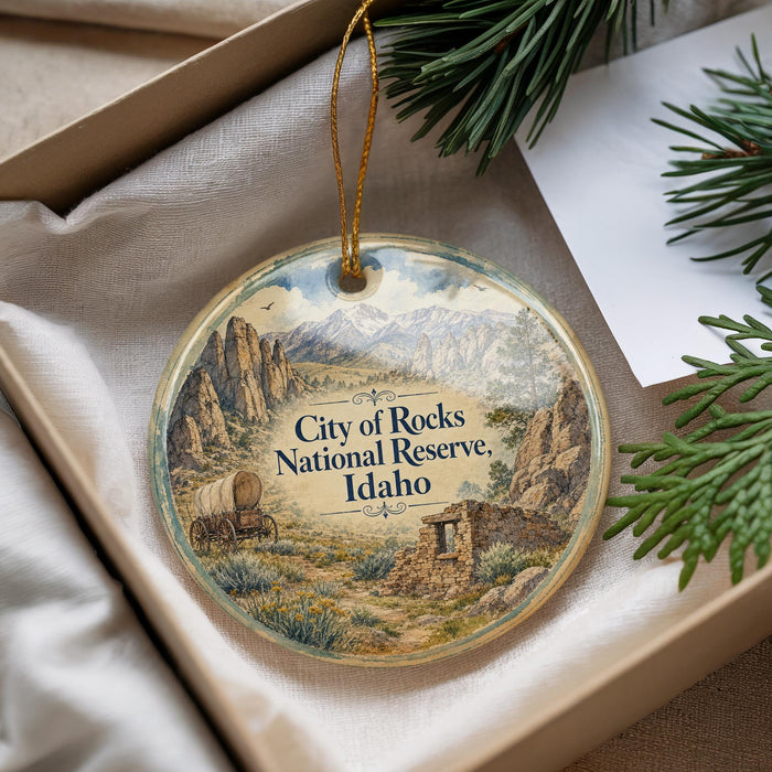A decorative ornament with a scenic landscape of mountains, a wagon, and a desert setting, hanging from a string.