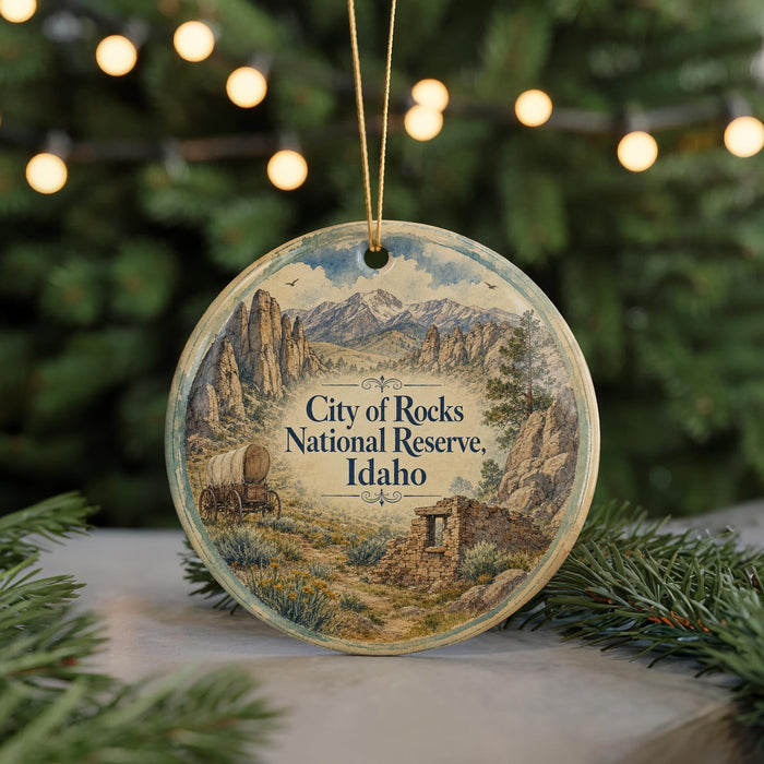 A round ornament with a scenic illustration of the City of Rocks National Reserve in Idaho, featuring a wagon and mountains in the background.