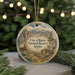 A round ornament with a scenic illustration of the City of Rocks National Reserve in Idaho, featuring a wagon and mountains in the background.