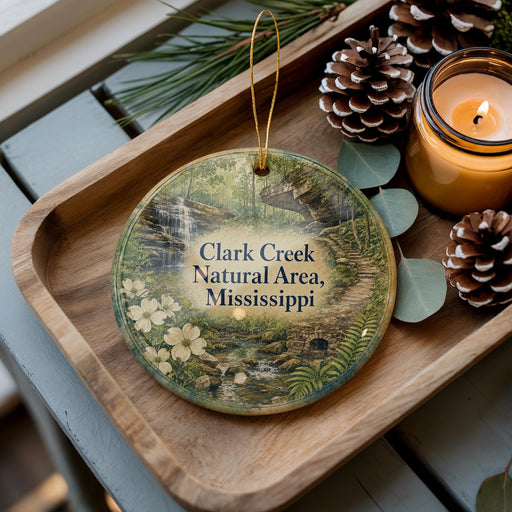 A decorative ornament with a natural scene, including a waterfall and pine cones, sits on a wooden tray next to a lit candle.