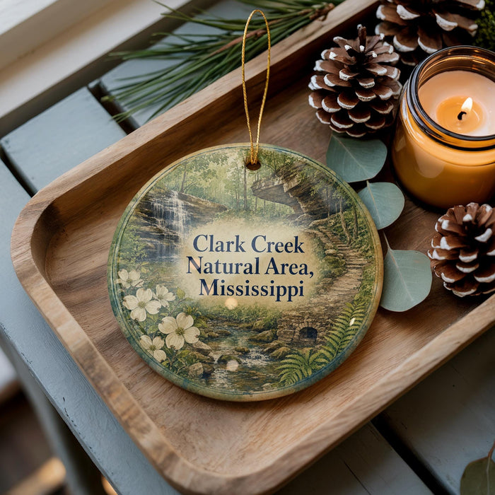 A decorative ornament with a natural scene, including a waterfall and pine cones, sits on a wooden tray next to a lit candle.