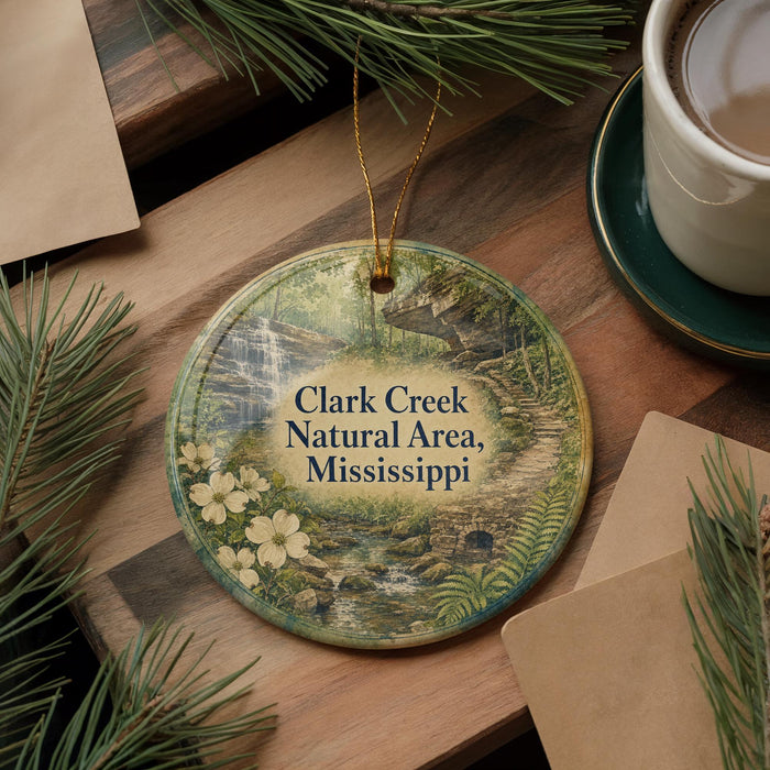 A round ornament with a scenic image of Clark Creek, surrounded by pine branches and a cup of coffee on a wooden surface.
