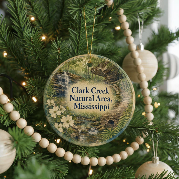 A round ornament hanging on a Christmas tree, featuring a scenic image of Clark Creek Natural Area in Mississippi.