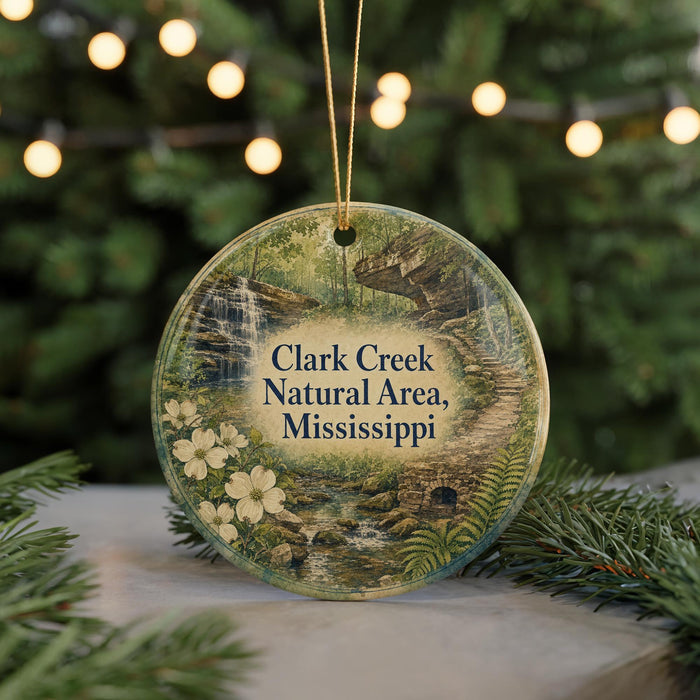 A round ornament with a scenic image of Clark Creek, surrounded by greenery, is displayed in front of a blurred background with twinkling lights.
