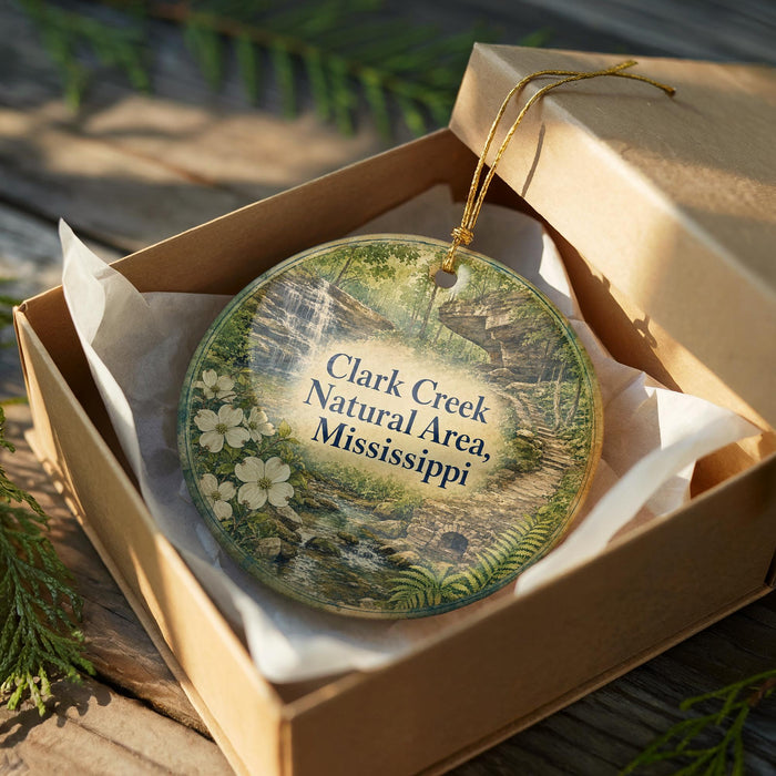 A decorative ornament in a cardboard box, featuring a scenic image of Clark Creek Natural Area in Mississippi.