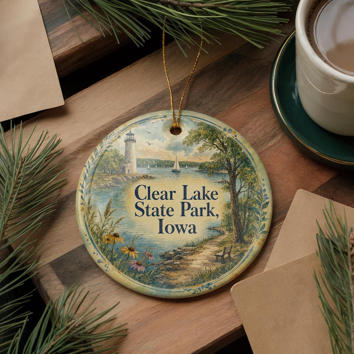 A decorative ornament with a lighthouse and a lake, surrounded by pine branches and a cup of coffee on a wooden surface.