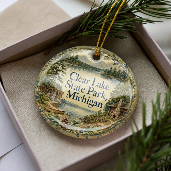 A decorative ornament in a box, featuring a scenic landscape with a lake and forest.