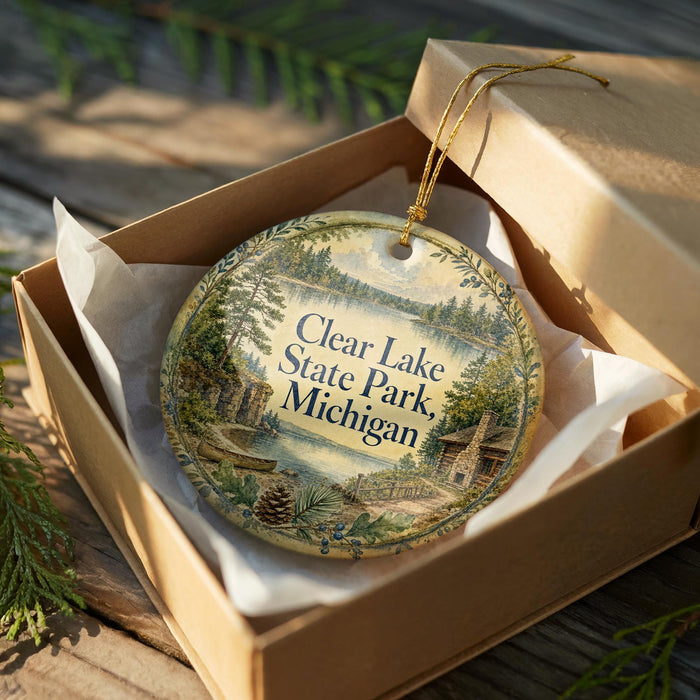A decorative ornament in a box, featuring a scenic image of Clear Lake State Park, Michigan.