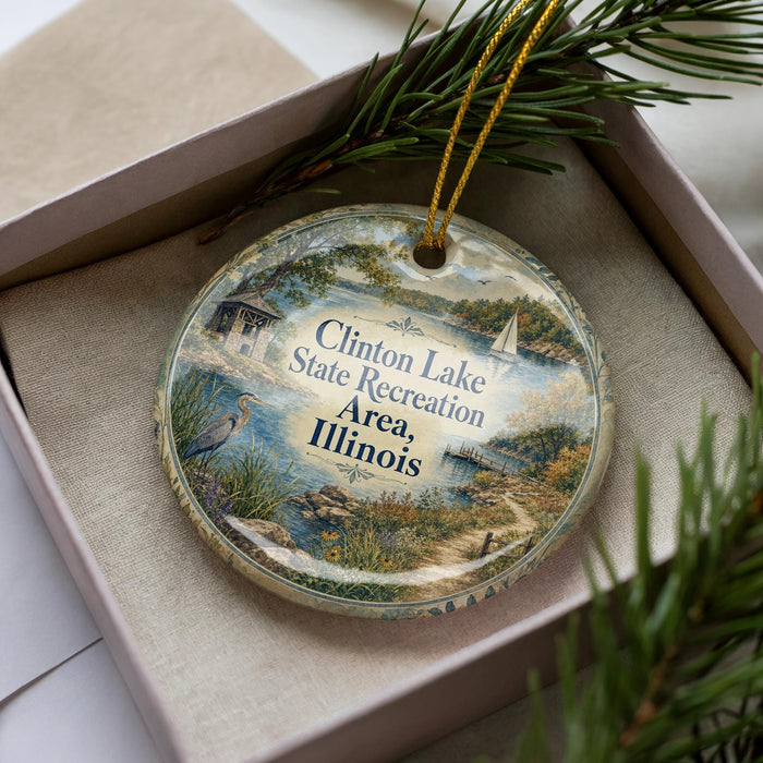 A decorative ornament in a box, featuring a scenic landscape with a lake, trees, and a bird.