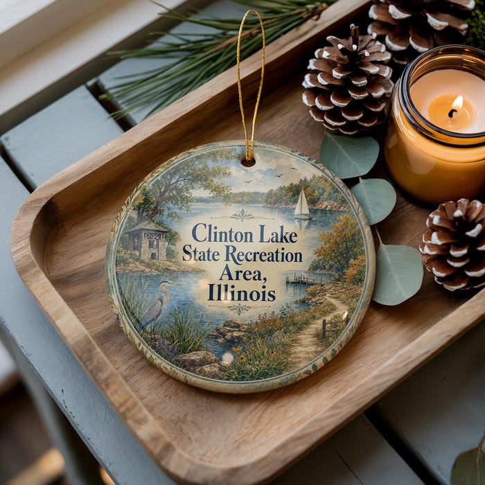 A decorative ornament with a scenic lake and surrounding landscape, featuring a bird and a sailboat, sits on a wooden tray alongside pine cones and a lit candle.