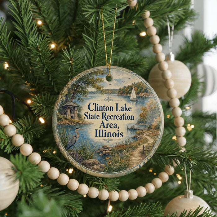 A round ornament hanging on a Christmas tree, featuring a scenic landscape with a lake, trees, and a boat.