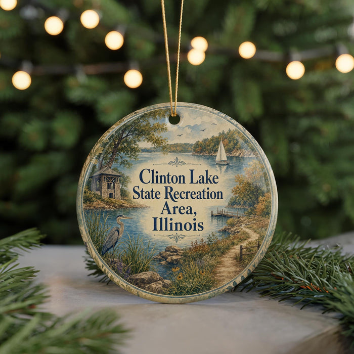 A round ornament with a scenic lake and surrounding landscape, featuring a bird and a boat, hangs in front of a blurred background with Christmas lights.