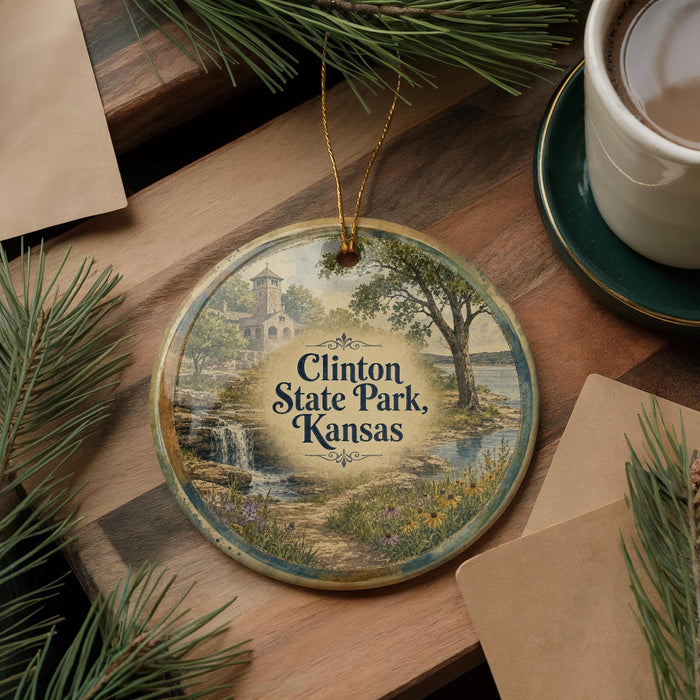 A decorative ornament featuring a scenic landscape of Clinton State Park, Kansas, with a waterfall and pine trees.