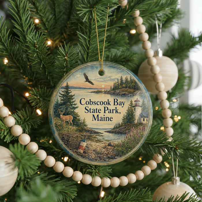 A round ornament hanging on a Christmas tree, featuring a scenic image of Cobscook Bay State Park in Maine.
