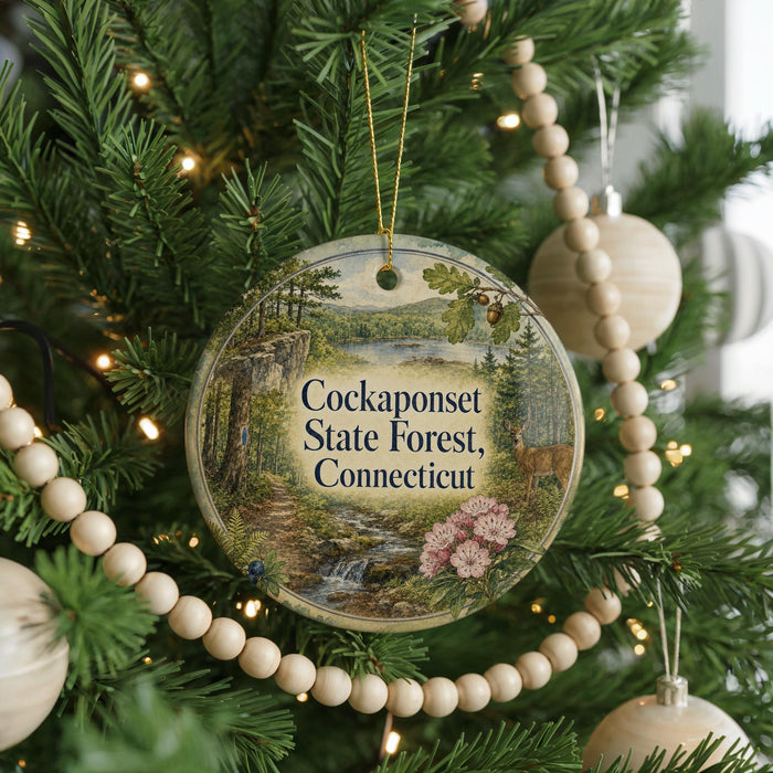 A round ornament hanging on a Christmas tree, featuring a scenic image of the Connecticut State Forest.