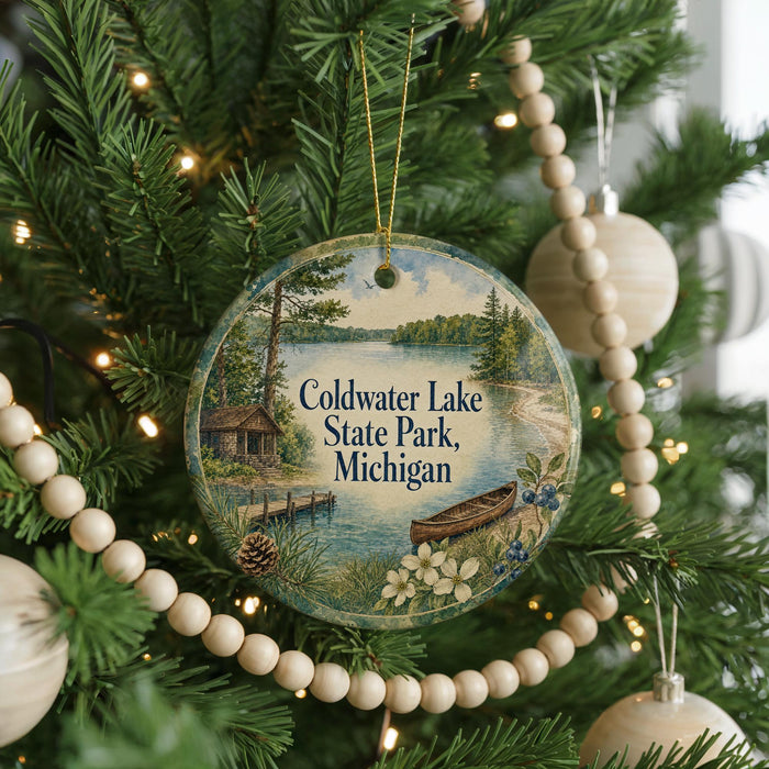 A circular ornament hanging on a Christmas tree, featuring a scenic image of Coldwater Lake State Park in Michigan.